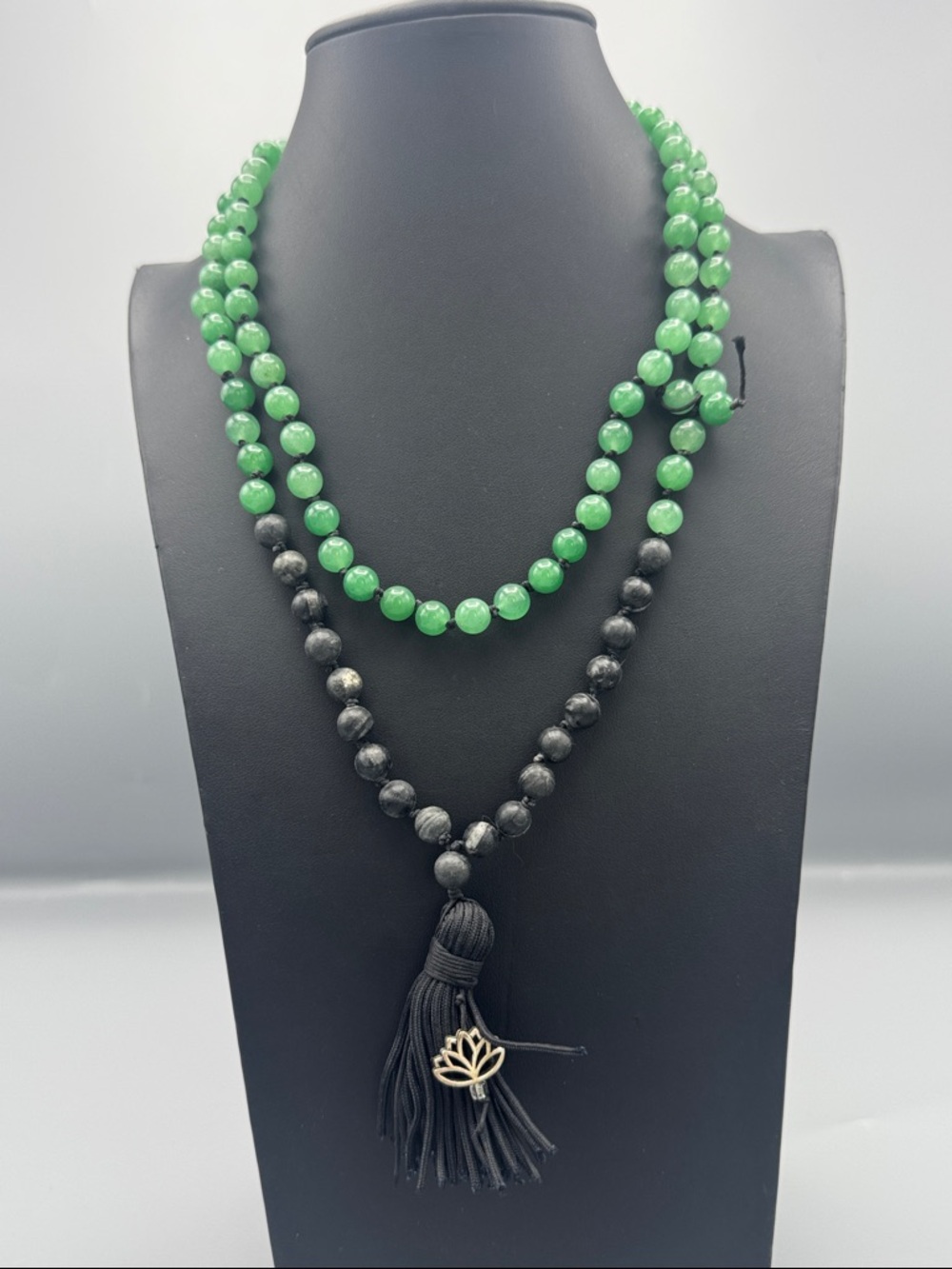 Stone Green and Black Beaded Tassel Necklace